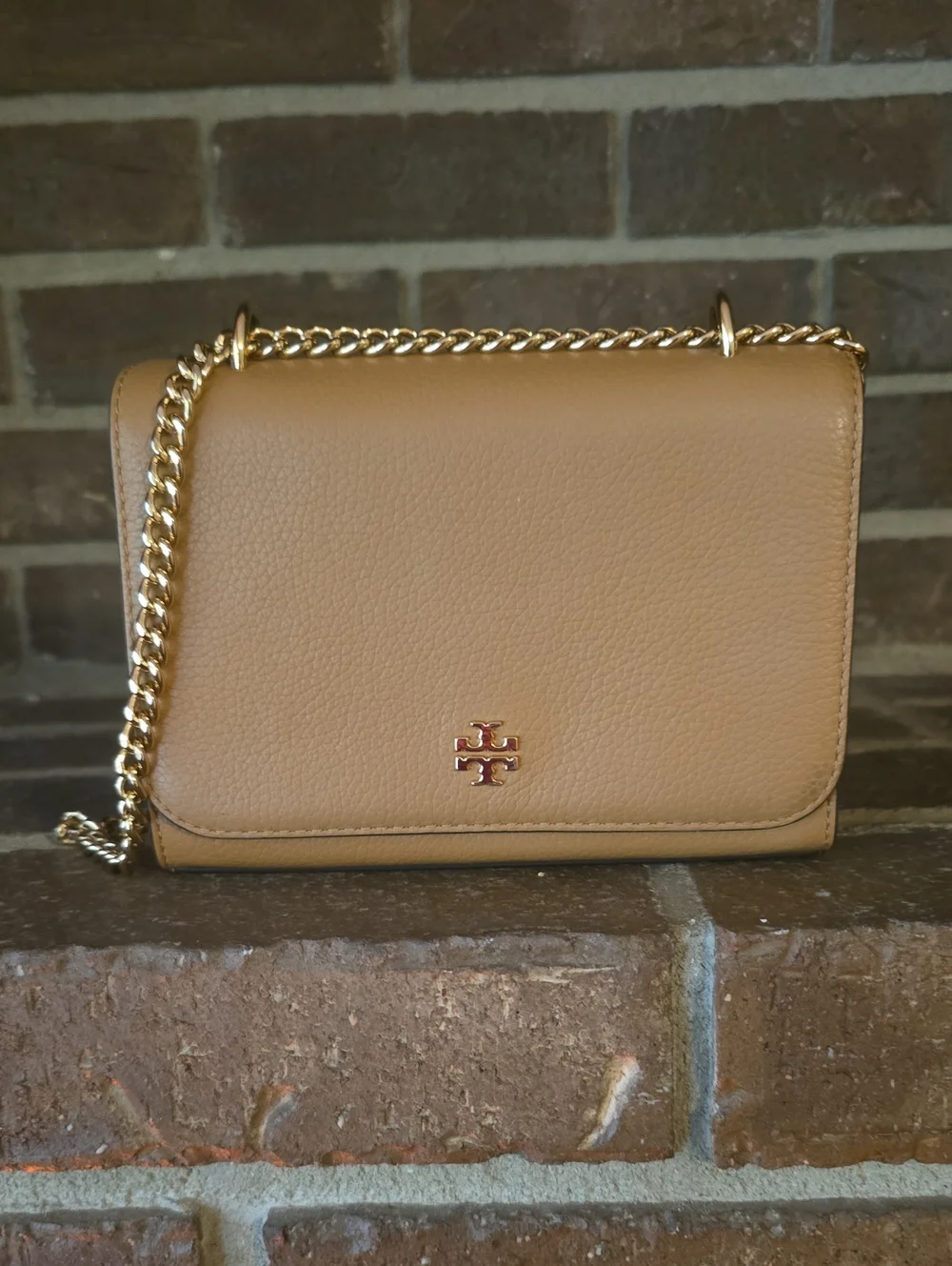 Tory Burch Carter Adjustable Chain Shoulder Crossbody Bag Purse Tan Brown